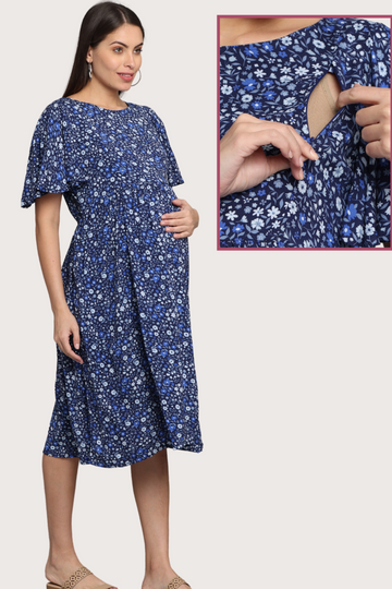 Navy Blue Floral Gather Maternity & Brest Feeding Dress