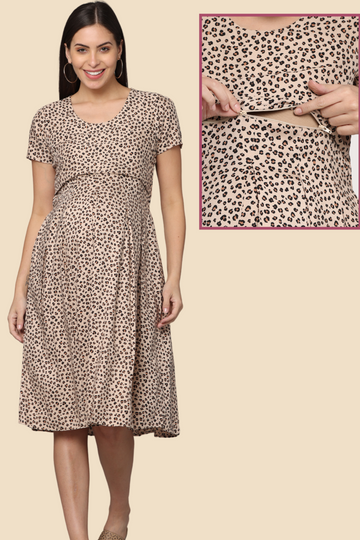 Beige Floral Box Pleats Maternity & Feeding Dress