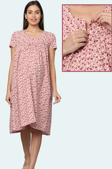 Beige Floral Gather Maternity & Feeding Dress