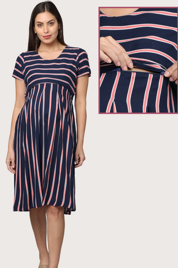 Navy Floral Box Pleats Maternity & Feeding Dress