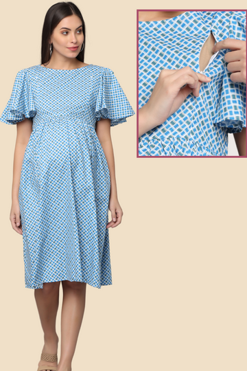 Blue Digital Print Maternity & Feeding Dress