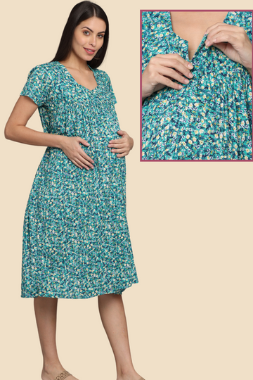 Blue Floral Gathered Maternity & Feeding Dress