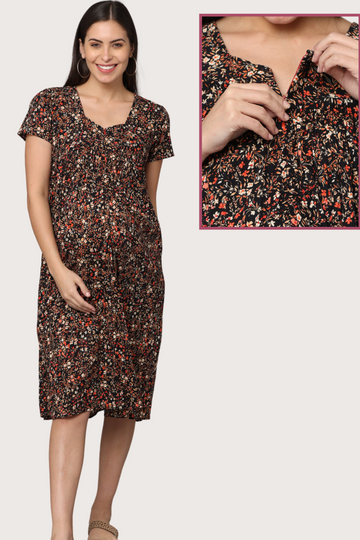 Black Floral Gathered Maternity & Feeding Dress