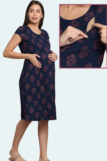 Navy Blue Floral Maternity & Feeding Dress