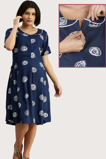 Navy Blue Floral Feeding Dress