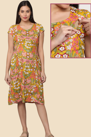 Stylish Mustard Floral Maternity & Feeding Dress