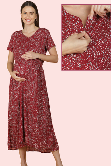 Maroon Floral Feeding Dress
