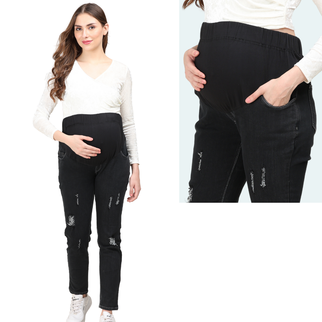 Black Distressed Maternity Jeans - Main Image