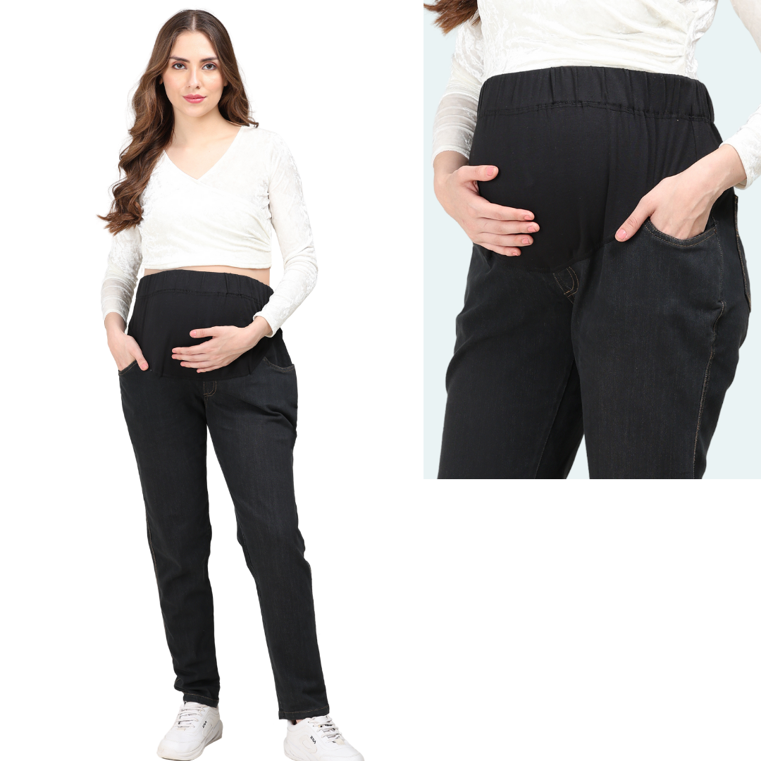Black Maternity Jeans/High Belly with Knit Panel at the waist band gives  support & comfort during pregnancy & post delivery.