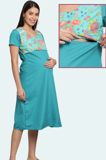 Blue-Upper Yoke Printed Fabric Rayon-Feeding-Gown