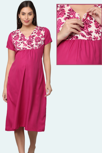 Pink Upper Yoke Printed Fabric Rayon Feeding Gown