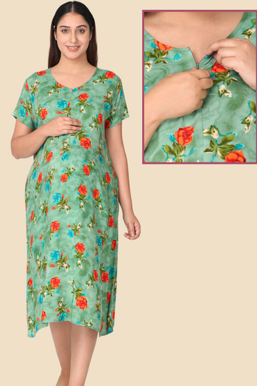 Green AOP Night Gown with Vertical Nursing