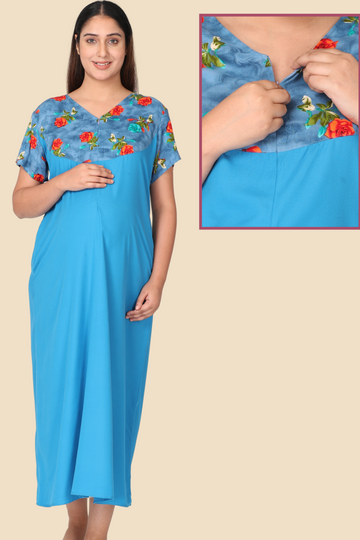 Blue Plain Night Gown with Vertical Nursing