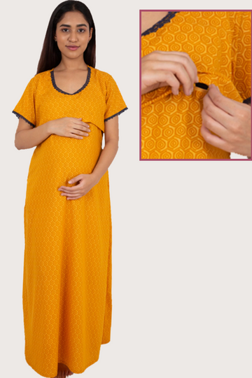 Yellow Hexagon Printed Feeding Night Gown With Horizontal Nursing Under The Flap.