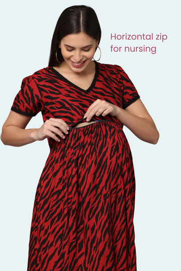 Red Floral Gather Maternity & Feeding Dress