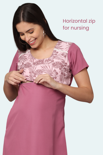 Pink-Upper Yoke Printed Fabric Rayon-Feeding-Gown