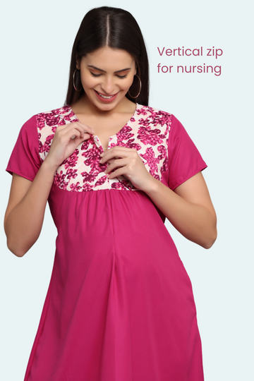 Pink Upper Yoke Printed Fabric Rayon Feeding Gown