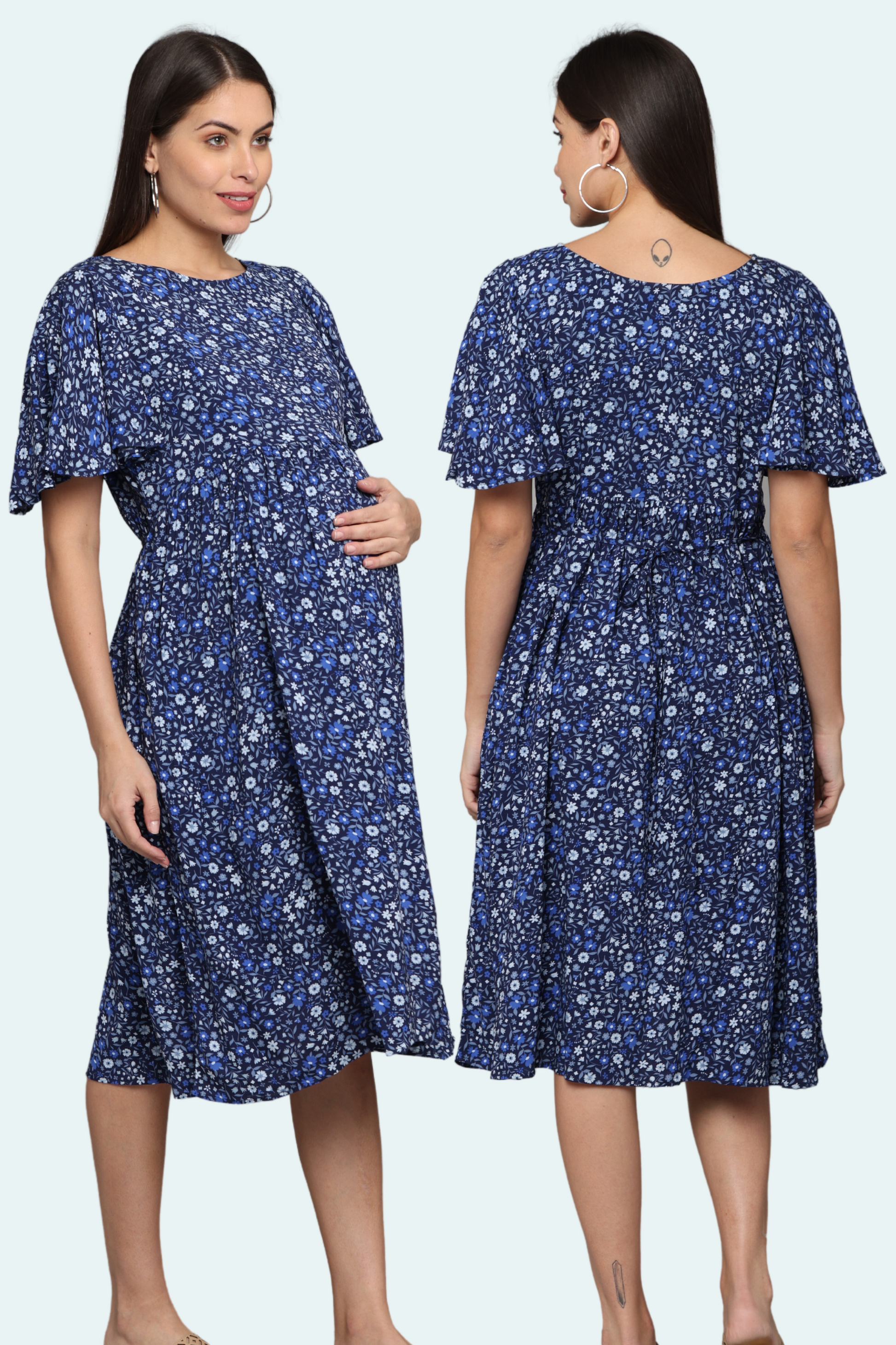 Navy Blue Floral Gather  Brest Feeding Dress