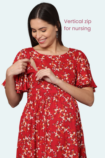 Red Floral Maternity & Feeding Dress