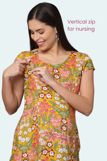 Floral Yellow Maternity Dress | 2 Vertical Zippers | Ideal for Pregnancy & Breastfeeding