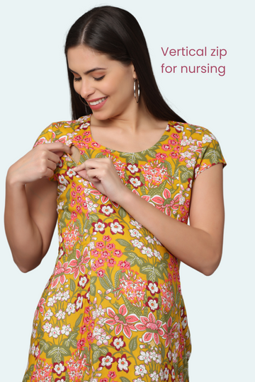 Stylish Mustard Floral Maternity & Feeding Dress