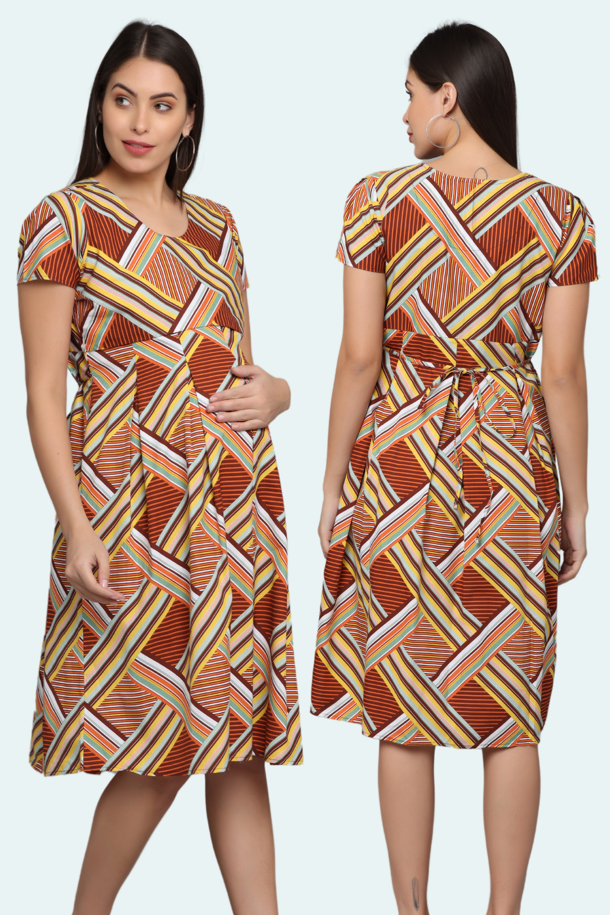 Cotton Brown Floral Box Pleats  Feeding Dress