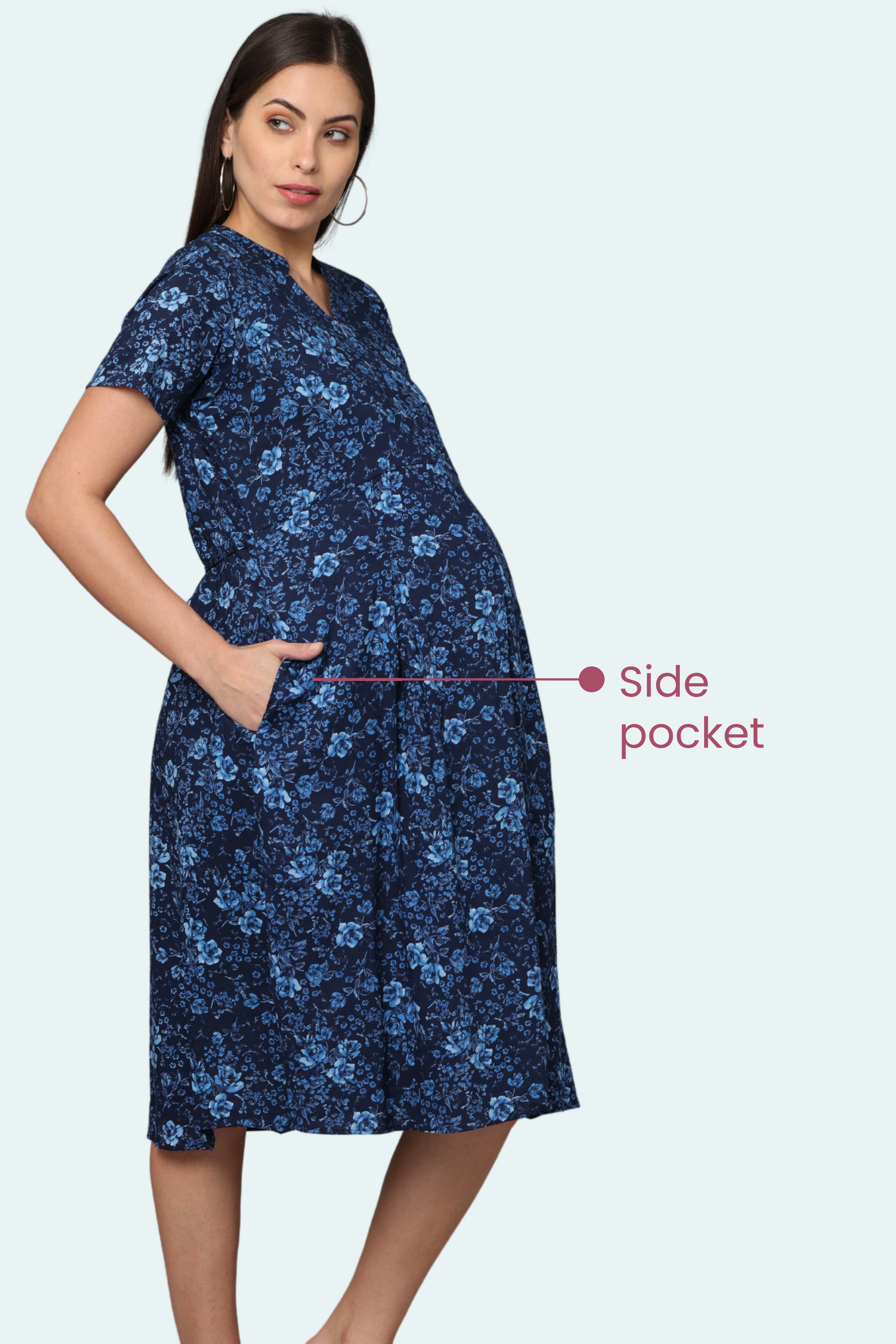 Navy Blue Floral Feeding Maxi Dress With Side Pocket