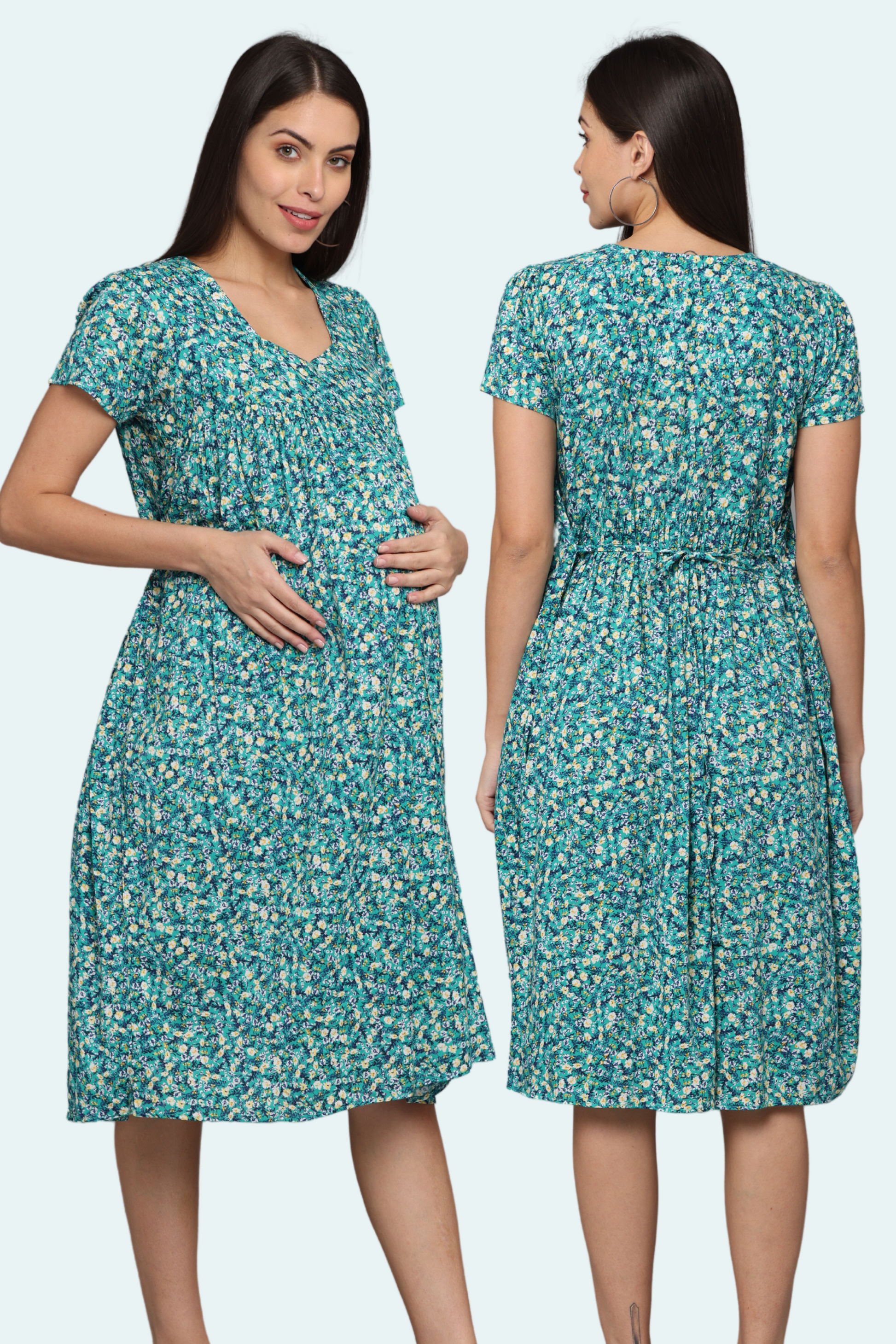 Blue Floral Gathered Feeding Dress