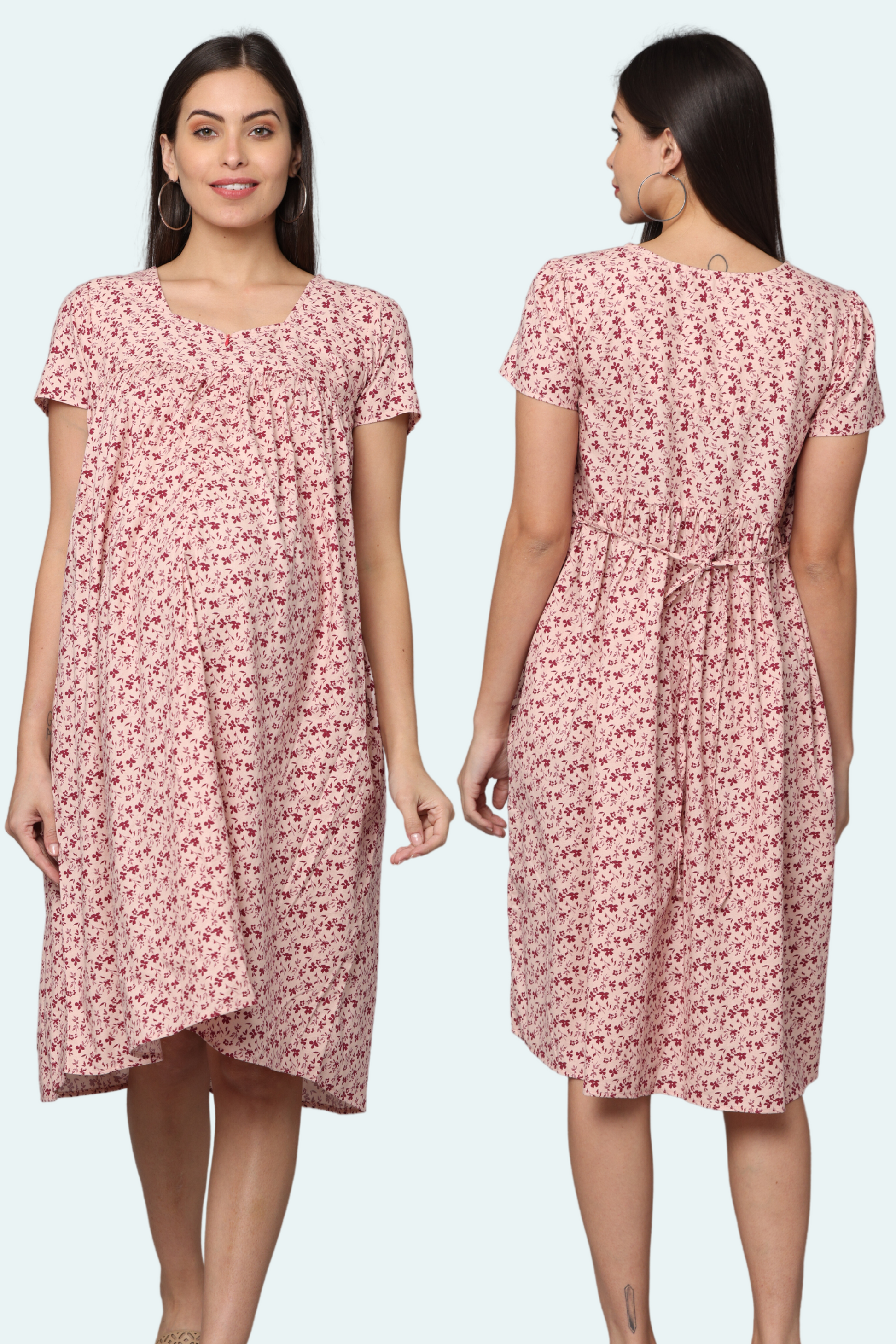 Beige Floral Gather Maternity Dress