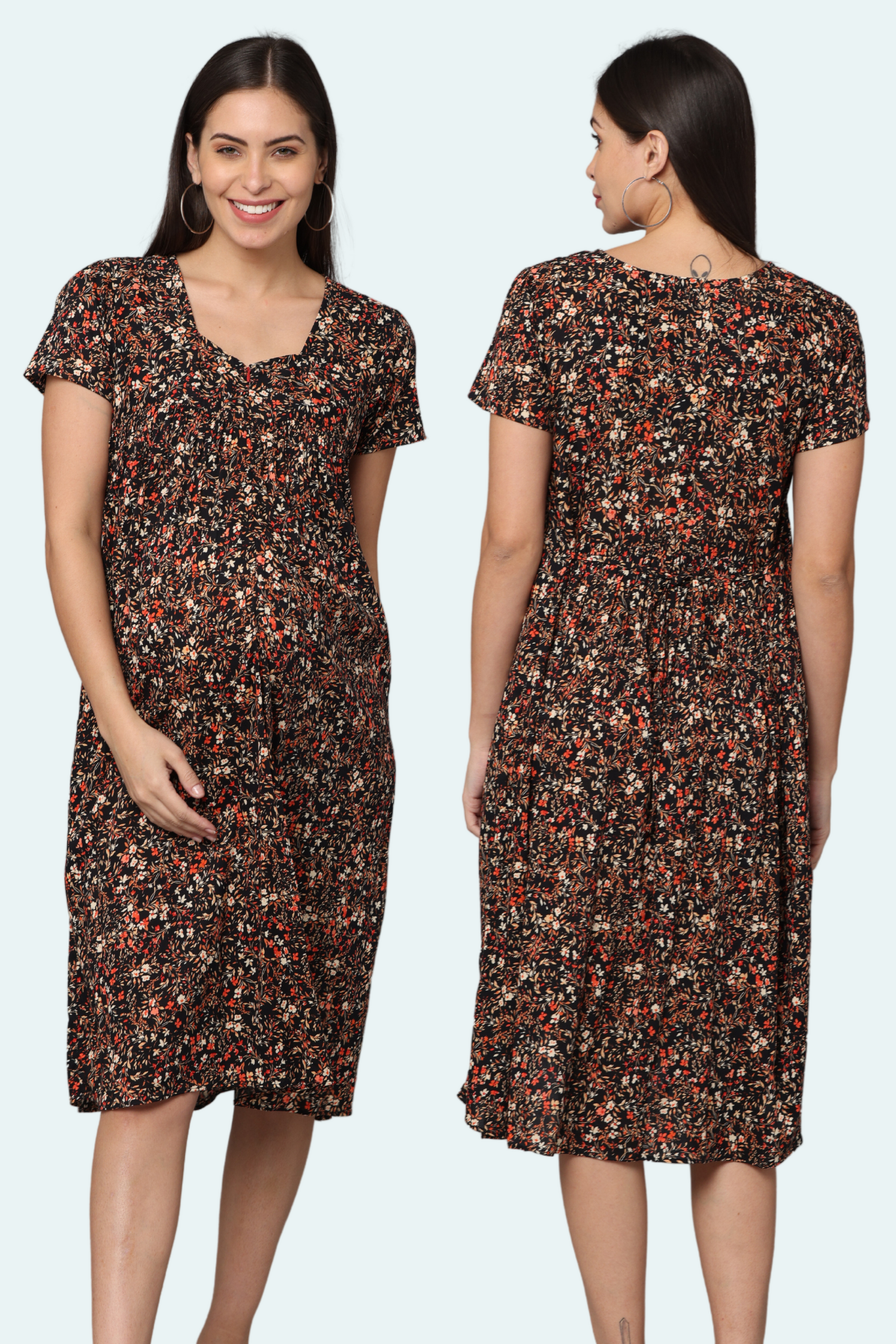 Black Floral Gathered  Feeding Dress