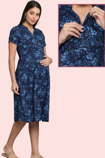 Navy Blue Floral Maternity & Feeding Dress
