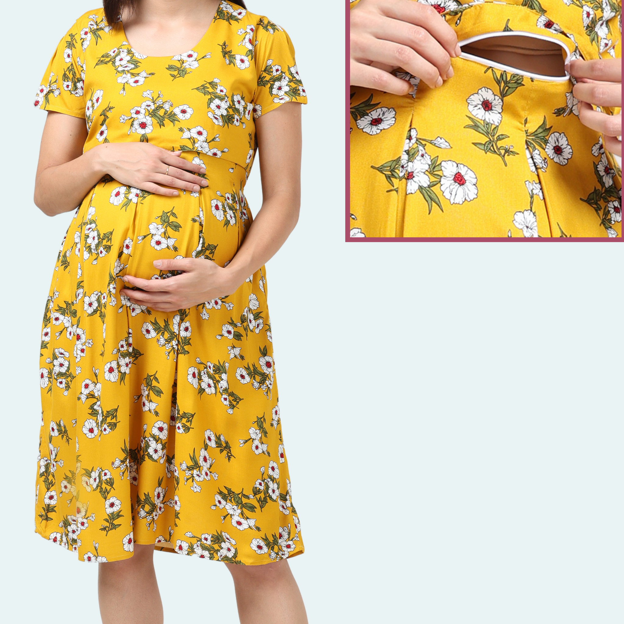 Yellow Floral Box Pleats Maternity & Feeding Dresses
