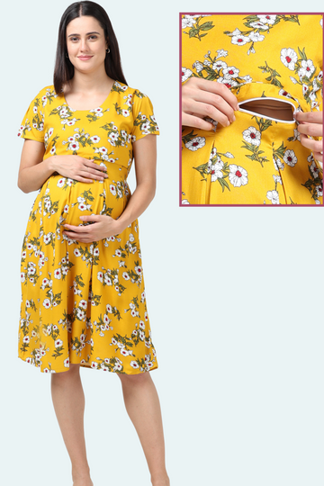 Yellow Floral Box Pleats Maternity & Feeding Dresses