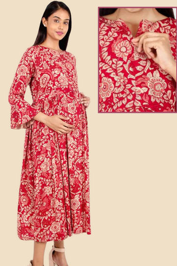 Red Floral Gathered Maternity & Nursing Dress