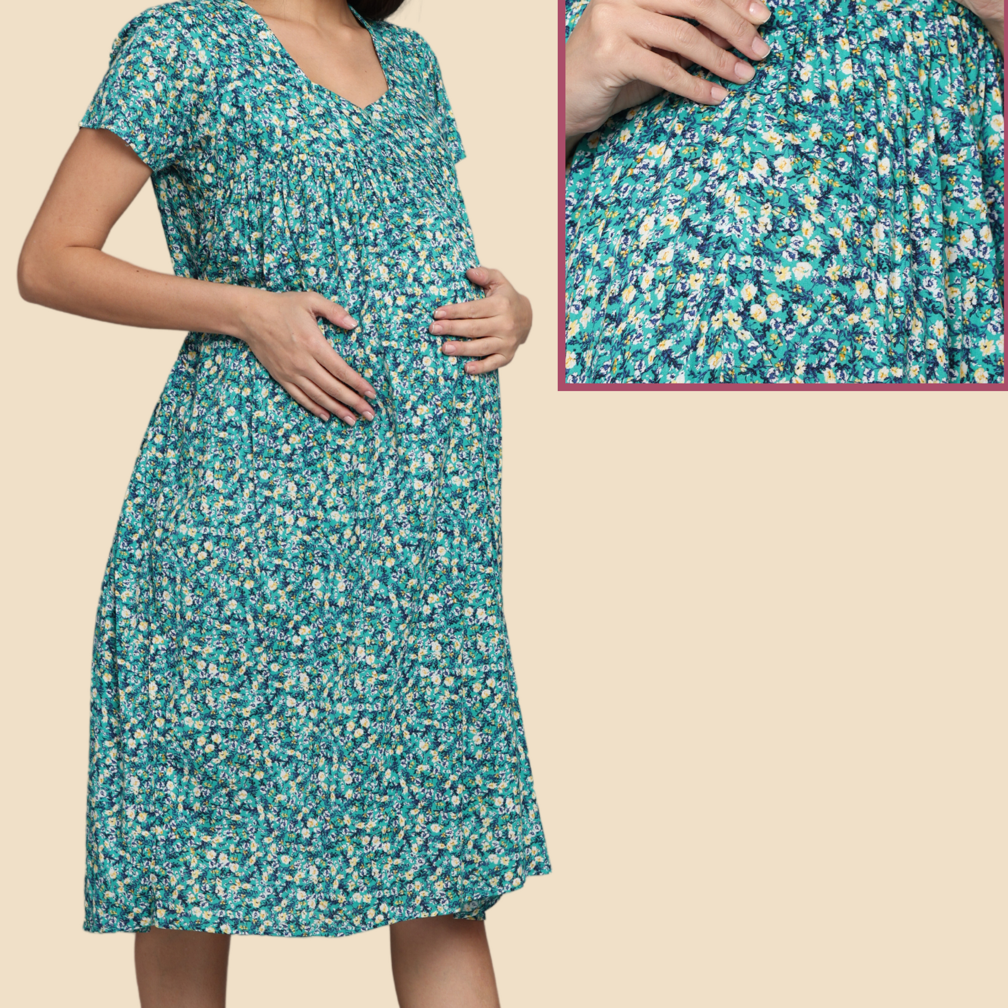 Blue Floral Gathered Maternity & Feeding Dress