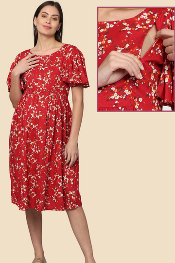 Red Floral Maternity & Feeding Dress