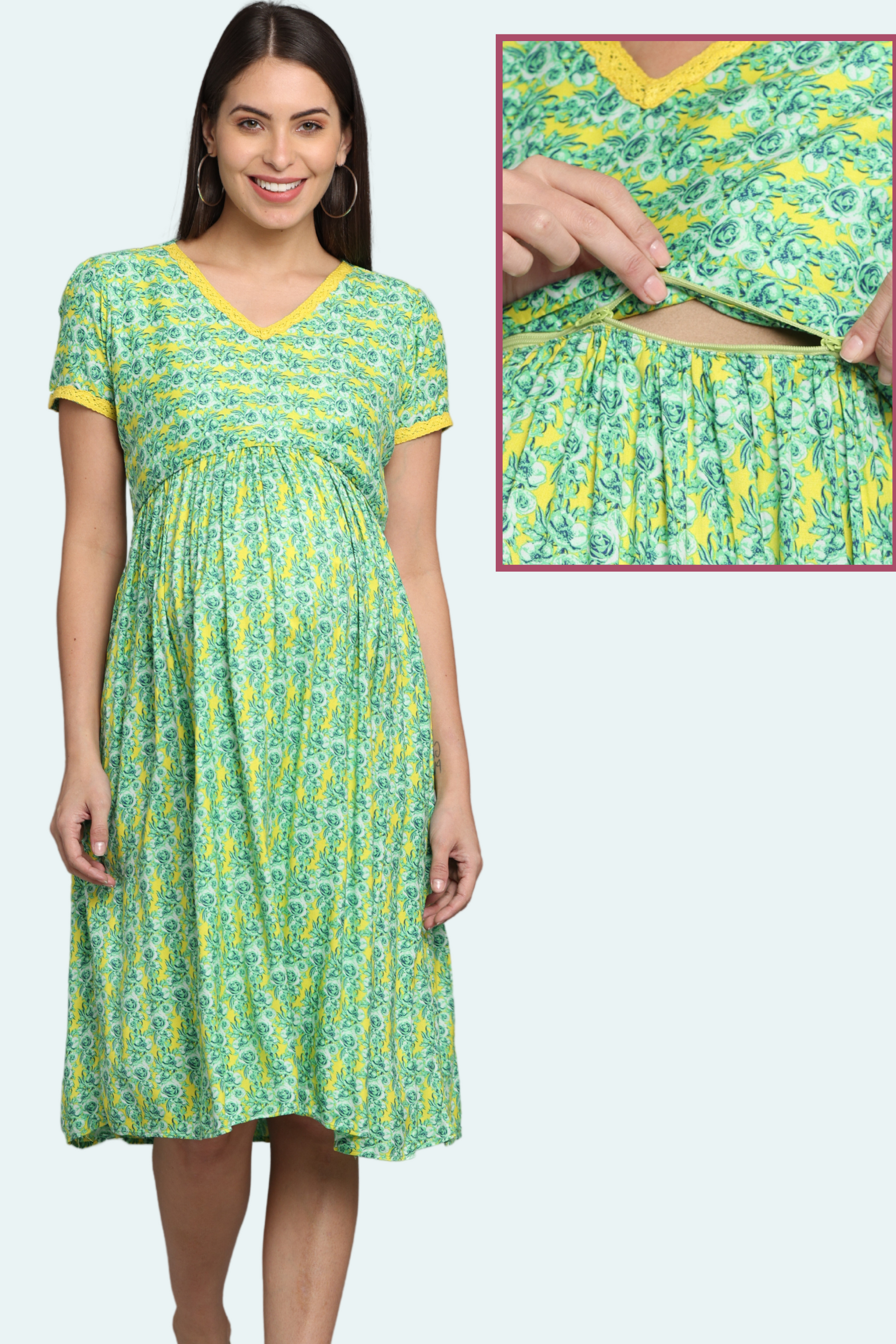 Green Floral Gather Maternity & Feeding Dress