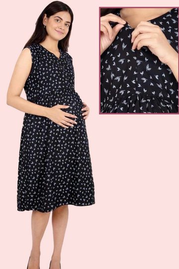 Black Pretty Print Maternity & Feeding Dress