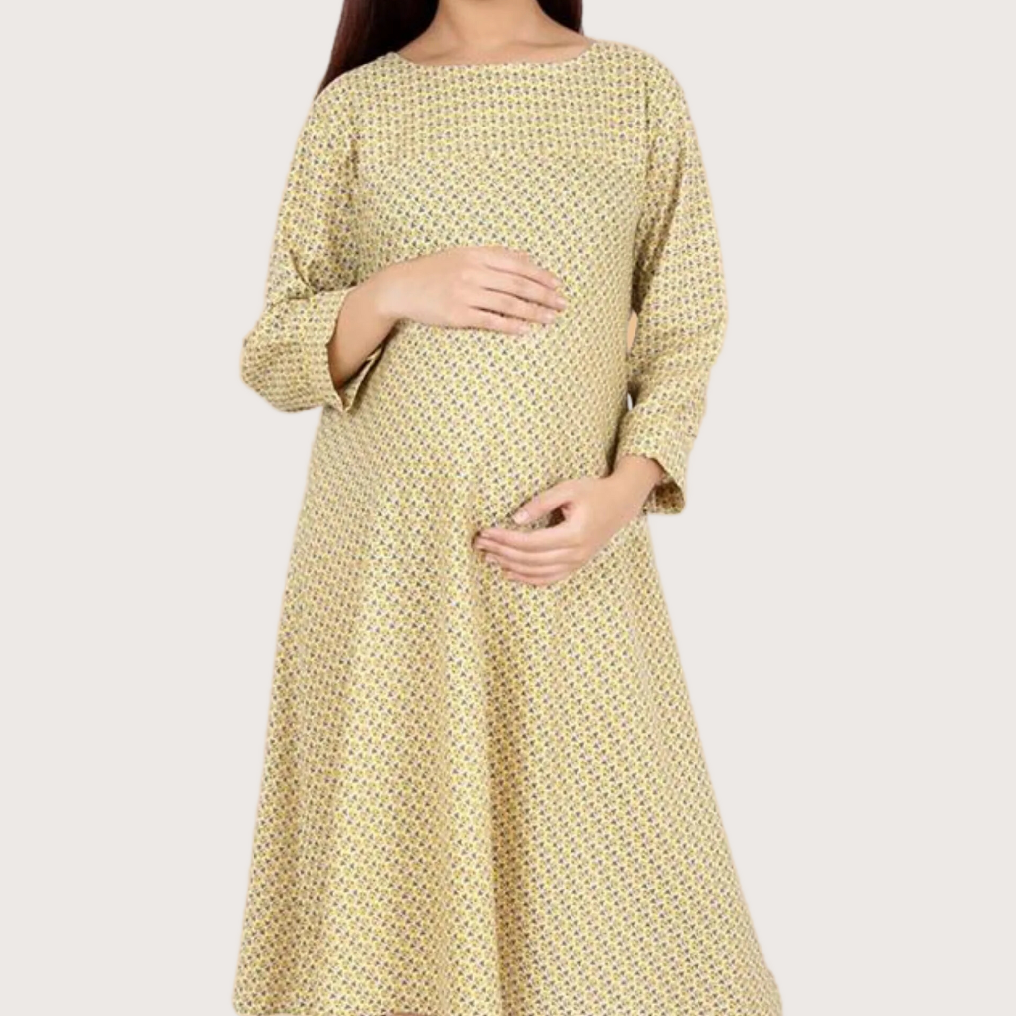 Pretty Mustard Print Umbrella Cut Maternity Dress