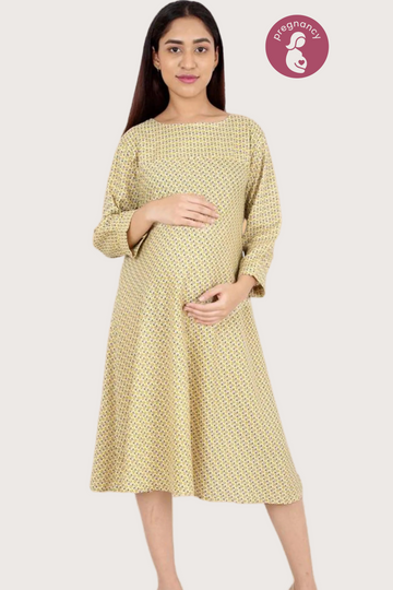 Pretty Mustard Print Umbrella Cut Maternity Dress