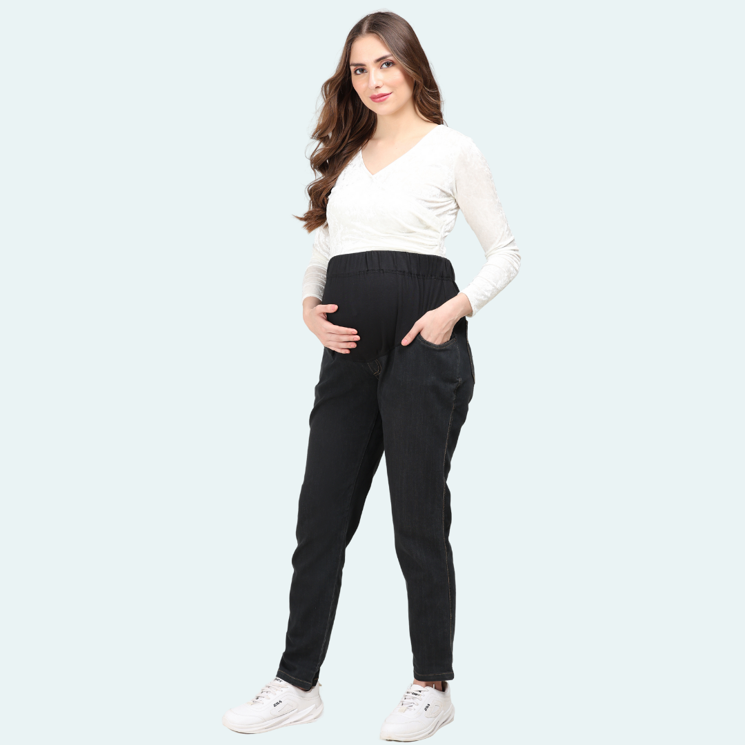 Black Maternity Jeans/High Belly with Knit Panel at the waist band gives  support & comfort during pregnancy & post delivery.