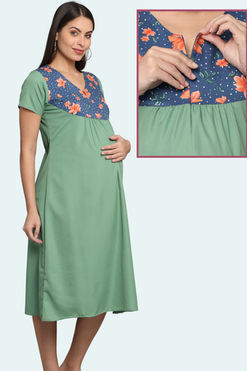 Green-Upper Yoke Printed Fabric Rayon-Feeding-Gown