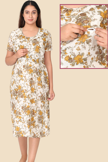 Beige & Yellow Floral AOP Night Gown with Horizontal Nursing