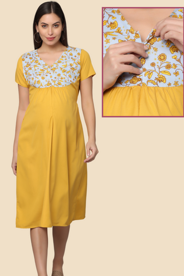 Yellow-Upper Yoke Printed Fabric Rayon-Feeding-Gown