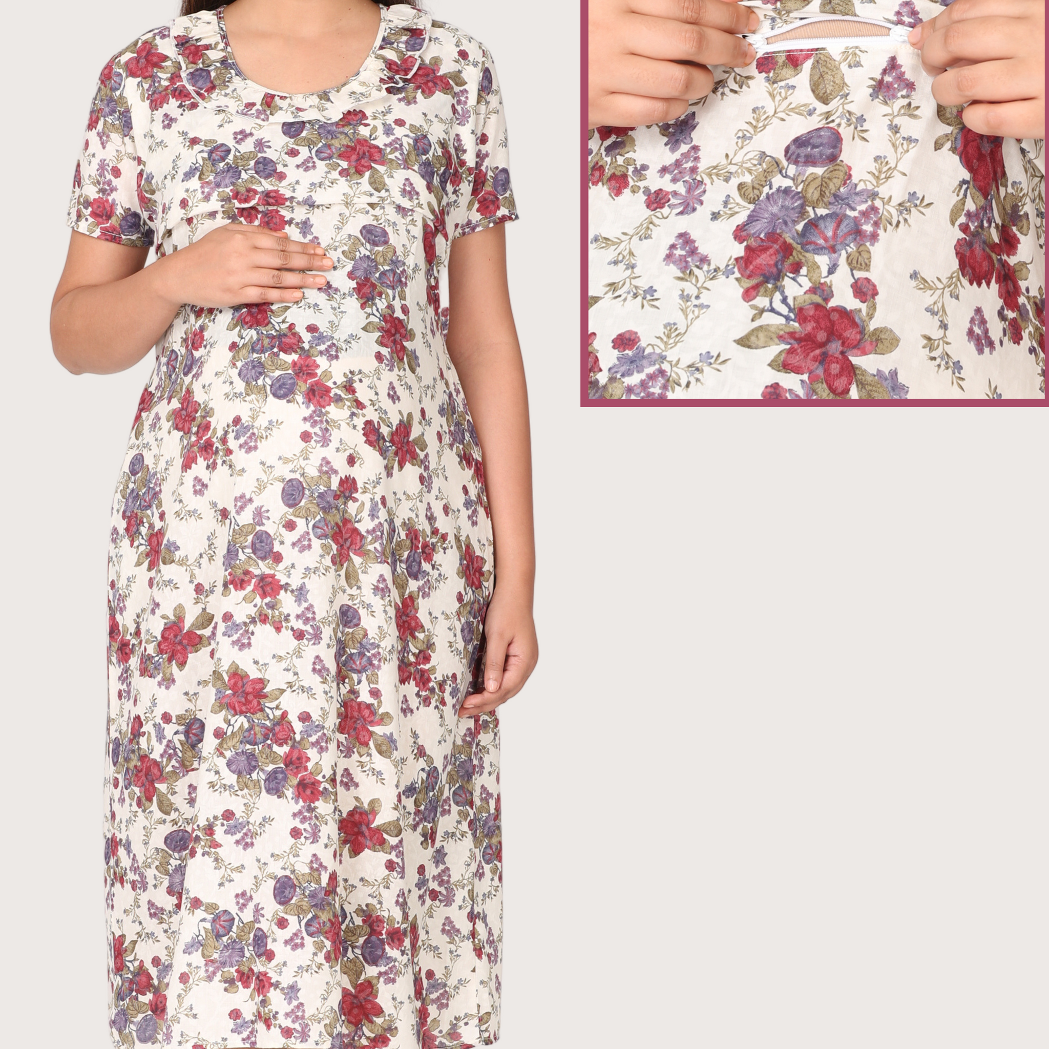Red & Blue Floral AOP Night Gown with Horizontal Nursing