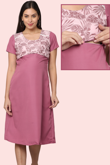 Pink-Upper Yoke Printed Fabric Rayon-Feeding-Gown