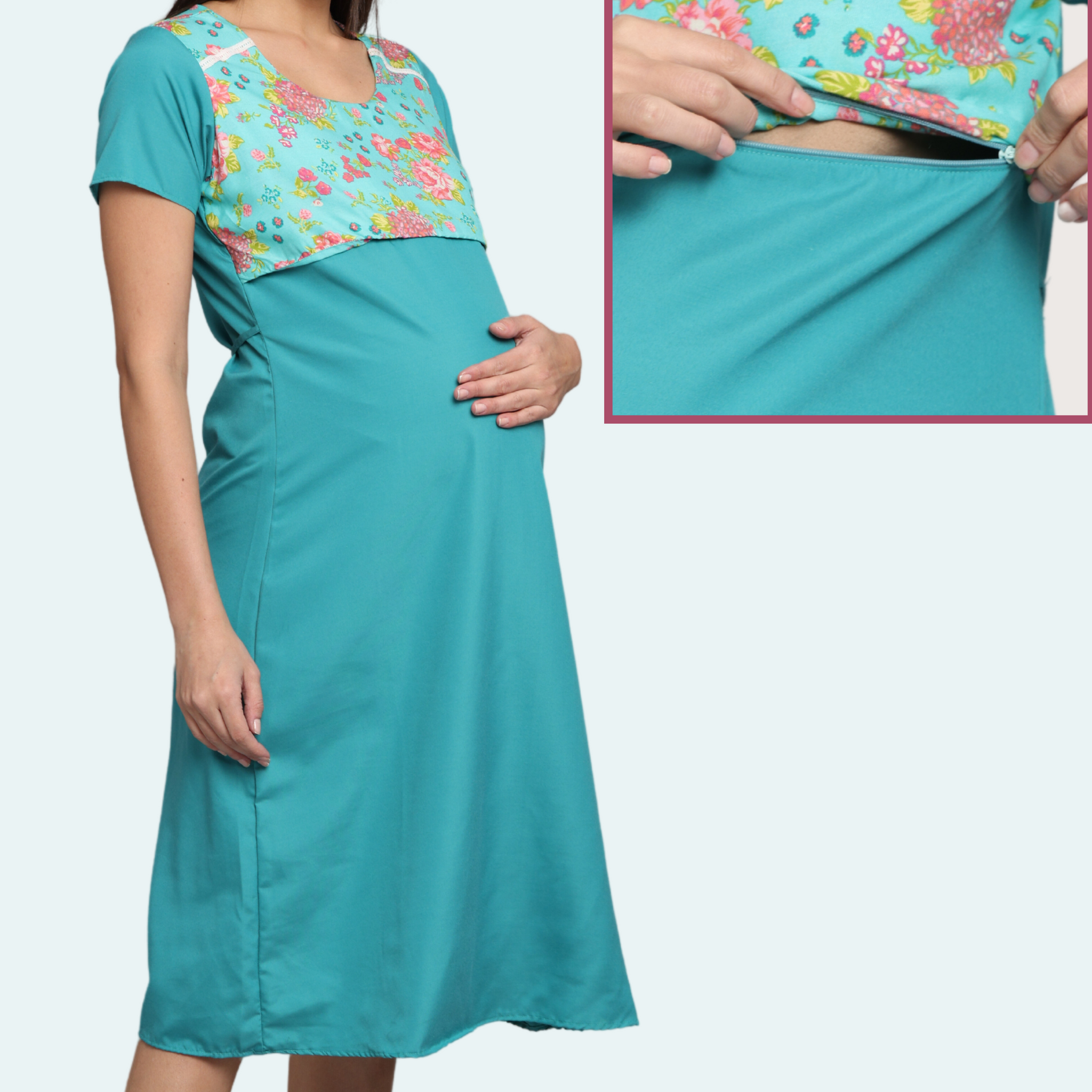 Blue-Upper Yoke Printed Fabric Rayon-Feeding-Gown