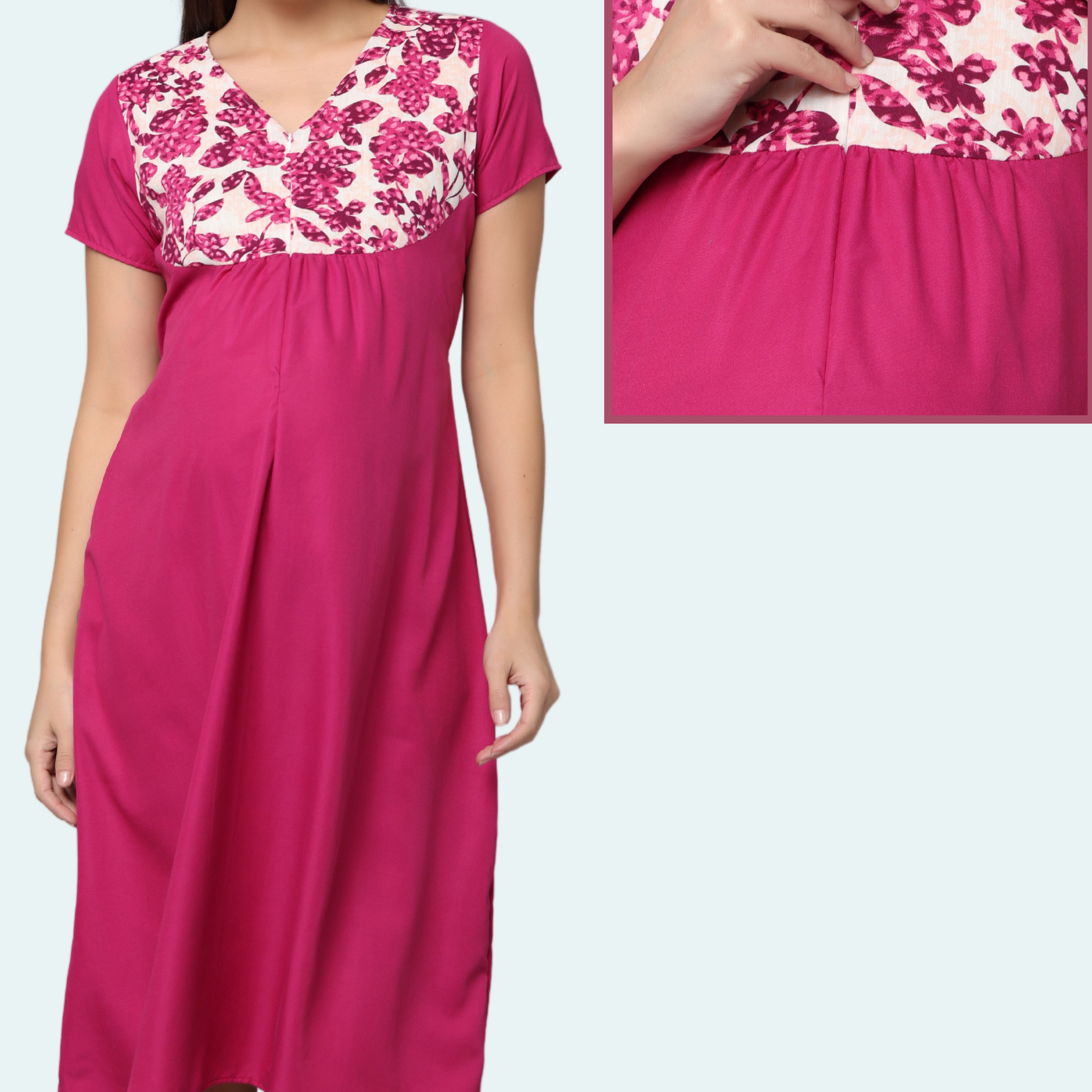 Pink Upper Yoke Printed Fabric Rayon Feeding Gown