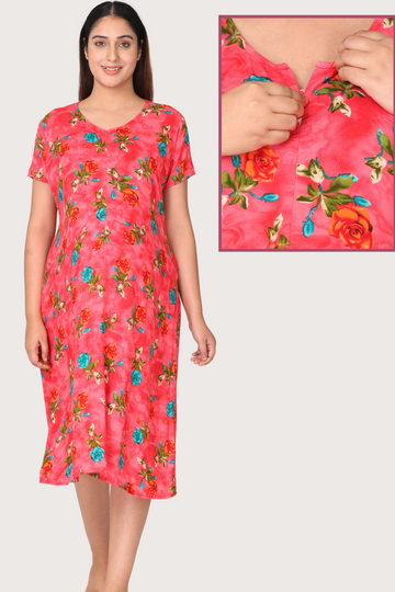 Red Feeding Night Gown With Vertical Nursing