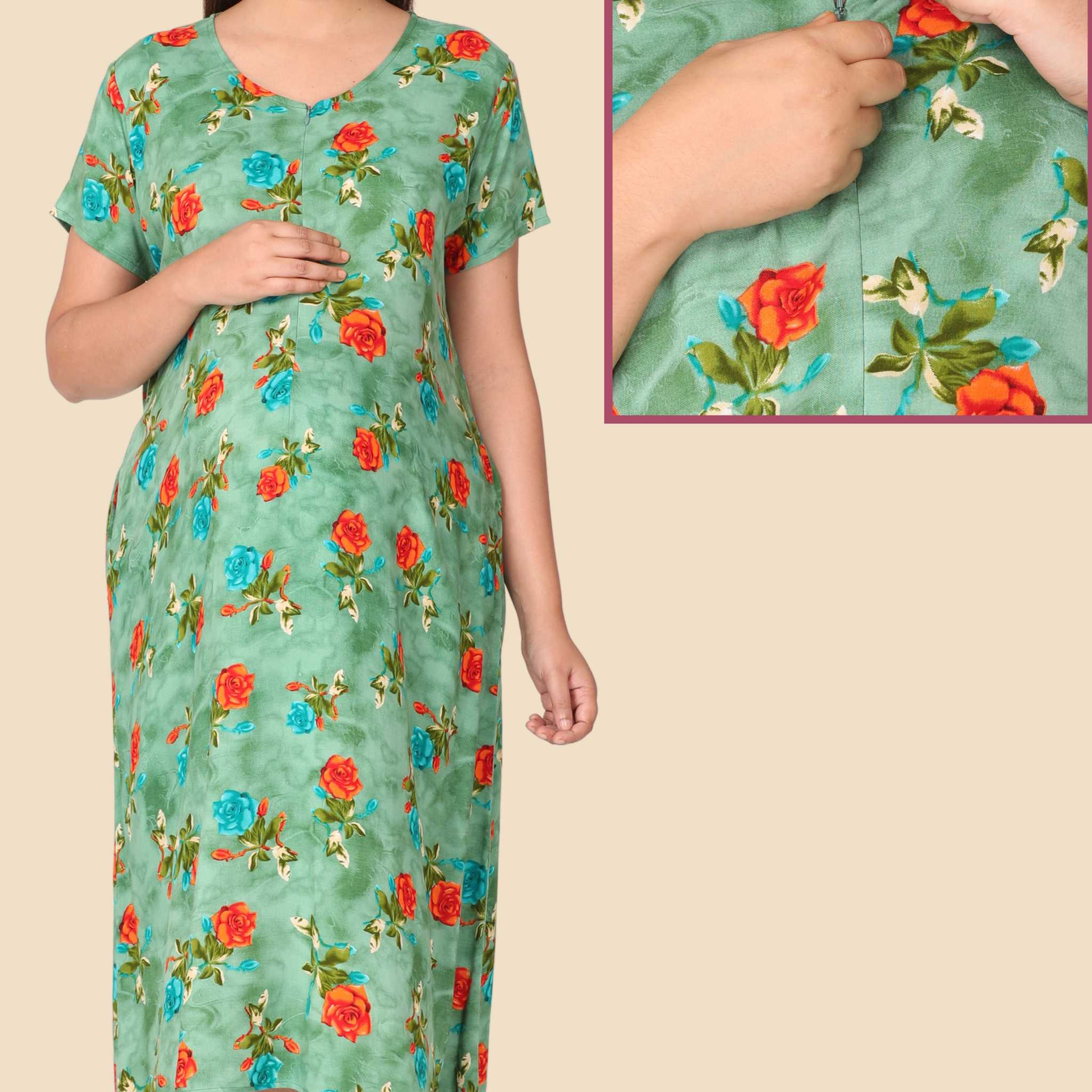 Green AOP Night Gown with Vertical Nursing